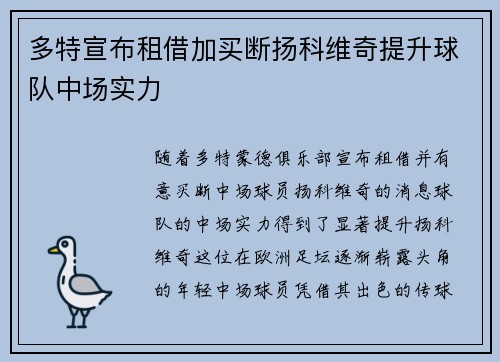 多特宣布租借加买断扬科维奇提升球队中场实力