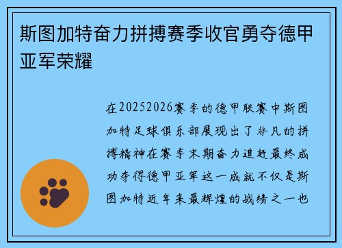 斯图加特奋力拼搏赛季收官勇夺德甲亚军荣耀
