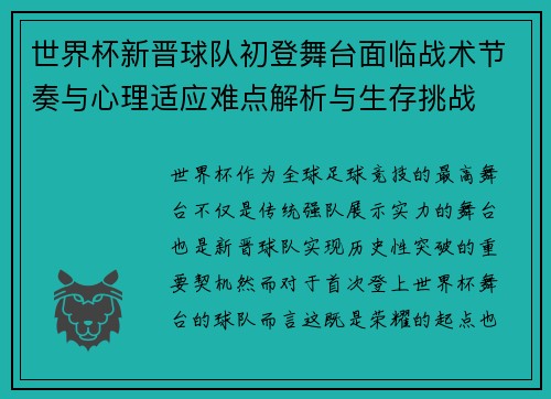 世界杯新晋球队初登舞台面临战术节奏与心理适应难点解析与生存挑战